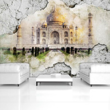 Een fotobehang van de Taj Mahal voor de woonkamer.