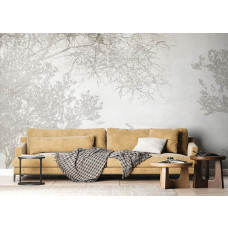 Fotobehang met takken silhouetten in een landelijke woonkamer, creëert een tijdloze en natuurlijke ambiance.