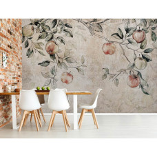 Een fotobehang met appelboomtakken vol appels in een rustieke stijl, passend in een keuken.