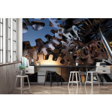Een fotobehang met tandwielen in een futuristisch ontwerp, ideaal voor een kantoor.