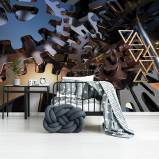 Een fotobehang met tandwielen in een industrieel thema, passend in een kinderkamer.