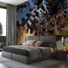 Een fotobehang met tandwielen in een mechanisch ontwerp, geschikt voor een slaapkamer.