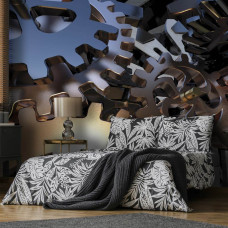 Een fotobehang met tandwielen in een 3D-weergave, bedrukt op vliesbehang, ideaal voor een slaapkamer.