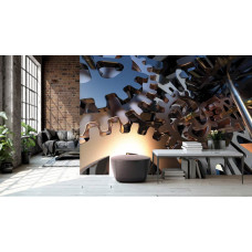 Een fotobehang met tandwielen in een 3D-weergave, perfect voor een woonkamer.