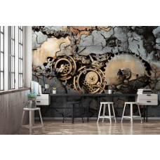 Een fotobehang met tandwielen en rotsen in beton voor een industriėle slaapkamer en kantoor.
