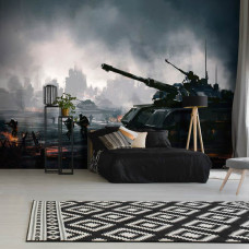 Fotobehang tanks en soldaten in actie voor de gamekamer, met een dynamisch slagveld van tanks en strategische soldaten in een gedetailleerd landschap, weergegeven in een tienerkamer.