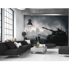 Fotobehang tanks en soldaten in actie voor de gamekamer, met een dynamisch slagveld van tanks en strategische soldaten in een gedetailleerd landschap, weergegeven in een stijlvolle huiskamer.