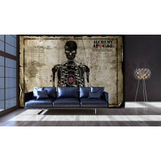 Een fotobehang van een target met skelet en schietkaart voor een schietbaan in de woonkamer.