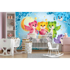 Een fotobehang met een regenboog en teddyberen, geschikt voor een babykamer.