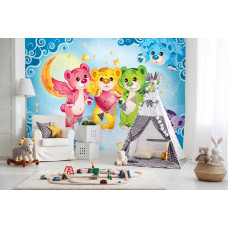 Een fotobehang met teddyberen en regenboogkleuren, speciaal voor een kinderkamer.