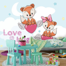 Een fotobehang met vliegende teddyberen en hartenwolken voor de babykamer en kinderkamer.