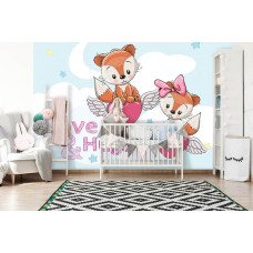 Een fotobehang met vliegende teddyberen en hartenwolken voor de kinderkamer en babykamer.