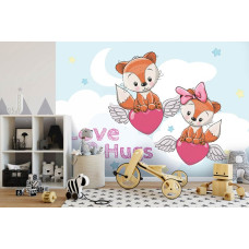 Een fotobehang met vliegende teddyberen en hartenwolken voor de kinderkamer en jongenskamer.