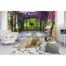 Een fotobehang met bloemen en een terrasuitzicht, perfect voor een slaapkamer.