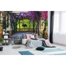Een fotobehang met een bloemrijk balkon in een 3D-abstract ontwerp.