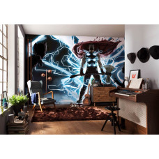 Een fotobehang van Thor, God of Thunder, samen met Groot en Rocket Raccoon van Marvel te zien in de kinderkamer.