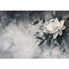 Fotobehang met een tijdloze witte bloem in een moderne compositie met zachte schaduwen en neutrale tinten.