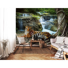 Een fotobehang van een tijger bij een waterval in een bos in een sfeervolle woonkamer.