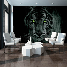 Een zwart-wit fotobehang met een tijger met groene ogen voor de woonkamer.