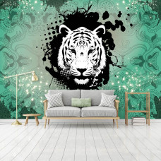 Een fotobehang met een groene abstracte tijger kunst voor de slaapkamer.