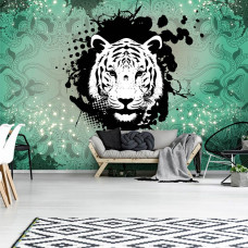 Een fotobehang met een groene abstracte tijger kunst voor de woonkamer.