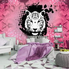 Een fotobehang met een roze abstracte tijger kunst voor de slaapkamer.