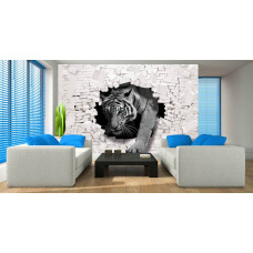 Een fotobehang van een tijger met 3D-effecten in een bakstenen setting, perfect voor de woonkamer.