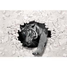Fotobehang met een tijger die uit de muur breekt, 3D-effecten met abstracte bakstenen.