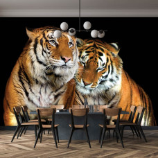 Een fotobehang met een close-up van een tijger in een natuurlijke omgeving.