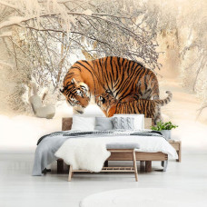 Een fotobehang met tijgers in de sneeuw omringd door oerbossen in Rusland, ideaal voor een serene slaapkamer.