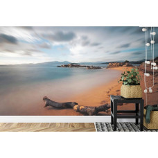 Een fotobehang met een serene tijdsopname van een strand en rustige zee, geschikt voor een slaapkamer.