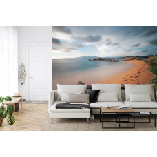 Een fotobehang met een dynamische strandscčne onder een veranderende lucht, ideaal voor een woonkamer.