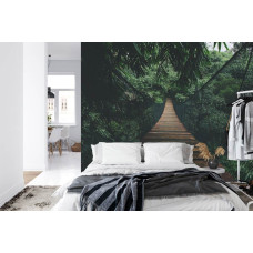 Een fotobehang met een touwbrug in een tropisch bos in een slaapkamer.
