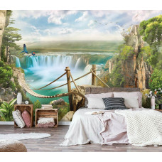 Een fotobehang met een touwbrug over een waterval in een dromerige jungle, ideaal voor een slaapkamer.