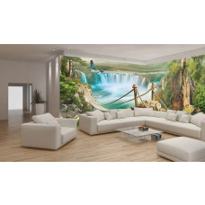Een fotobehang van een magische jungle met een touwbrug en waterval, ideaal voor een XXL-woonkamer.