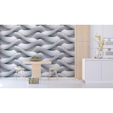 Een 3D fotobehang van touwen die een strak, modern ontwerp vormen in een keuken.