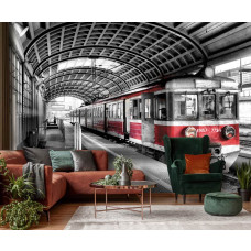 Een fotobehang met een treinstation voor de woonkamer.