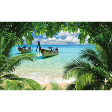 Tropisch eiland met palmbomen, een helderblauwe zee en boten die op het water dobberen, fotobehang dat een vakantiegevoel oproept.