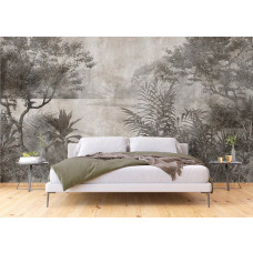 Een rustgevend fotobehang van een tropisch meer in groen-grijze vintage tinten in de slaapkamer, creëert een serene en nostalgische ambiance.