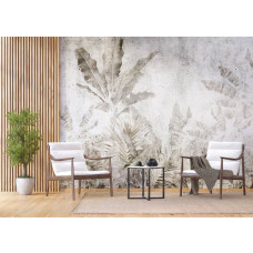 Fotobehang met tropische bladeren in beton in een bedrijfsruimte, voegt een moderne en inspirerende uitstraling toe.