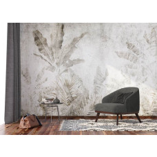 Fotobehang van tropische bladeren in beton in de woonkamer, brengt een urban jungle-sfeer met een industriële twist.