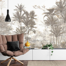 Een fotobehang met bomen en tropische planten in een groene jungle, afgebeeld in een woonkamer.