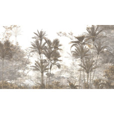 Fotobehang van tropische bomen en planten in een dichte jungle, met een serene sfeer.