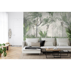 Een fotobehang met tropische planten en bomen in een natuurlijke omgeving, weergegeven in een huiskamer.