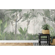 Een fotobehang met tropische bomen en planten in een weelderig junglelandschap, weergegeven in een slaapkamer.