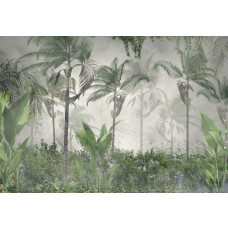 Tropische bomen en planten in een dichte jungle, afgebeeld op een kleurrijk natuur fotobehang.