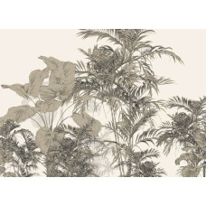 Fotobehang met een levendige tropische compositie, vol exotische bladeren, bloemen en warme tinten, perfect voor een energieke en natuurlijke uitstraling.