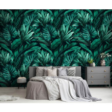 Een fotobehang met tropische junglebladeren en een botanisch design, ideaal voor een slaapkamer.