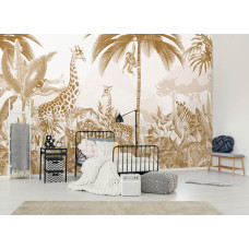 Een fotobehang met een tropische jungle vol dromerige dieren in taupe en terracotta tinten in een kinderkamer.