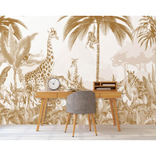Een fotobehang met een tropische jungle vol dromerige dieren in taupe en terracotta tinten in een slaapkamer.